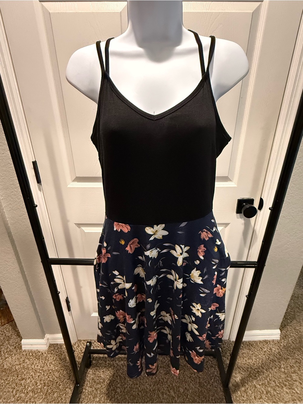 Black & Navy Floral Mini Dress with Double Spaghetti Straps